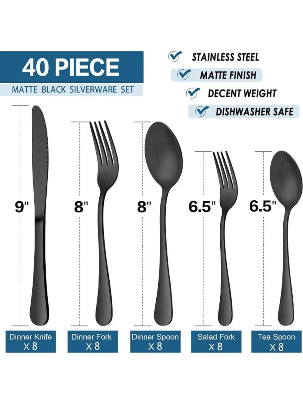 40-Piece Matte Black Flatware Set for 8 | Stainless Steel Cutlery, Dishwasher